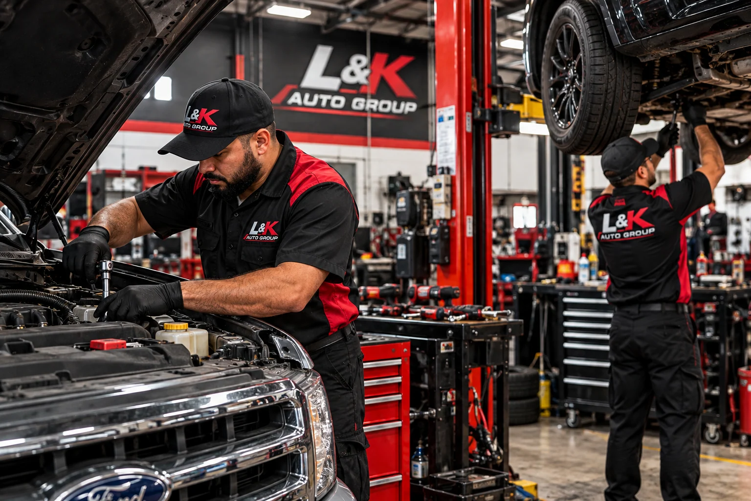 Dos mecánicos trabajando en el taller de L&K Auto Group